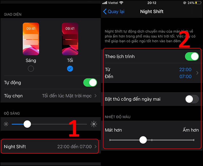 Chọn Night Shift > Gạt nút sang phải ở mục Theo lịch trình để bật và sau đó chỉnh thời gian, nhiệt độ màu phù hợp.
